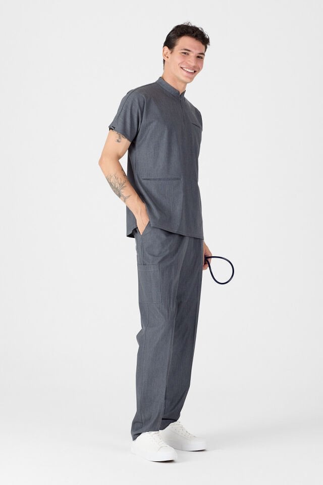 Likralı Gri Kot Görünümlü Hakim Yaka Scrubs