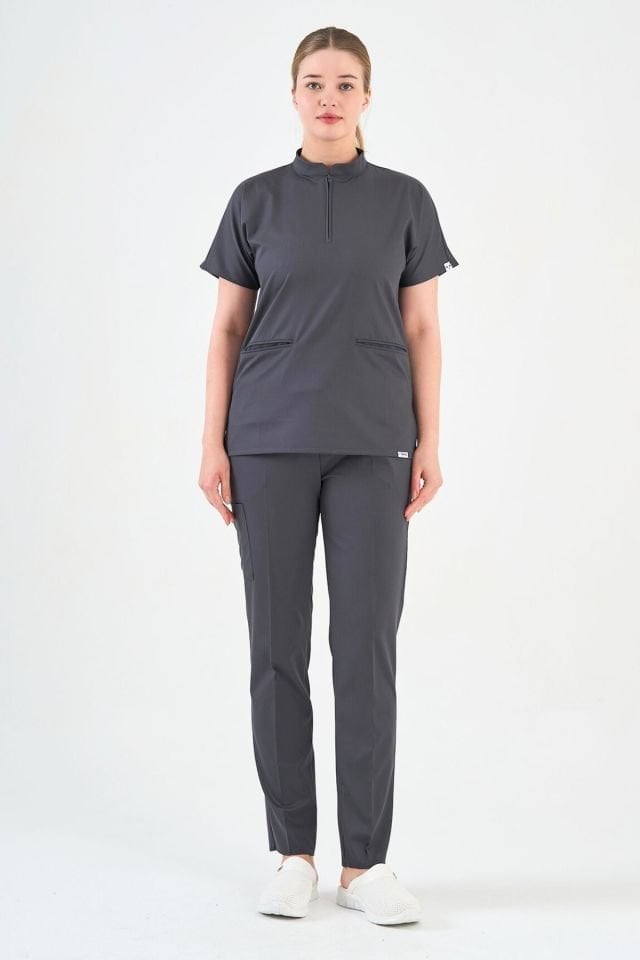 Likralı Fermuar Detaylı Füme Üniforma