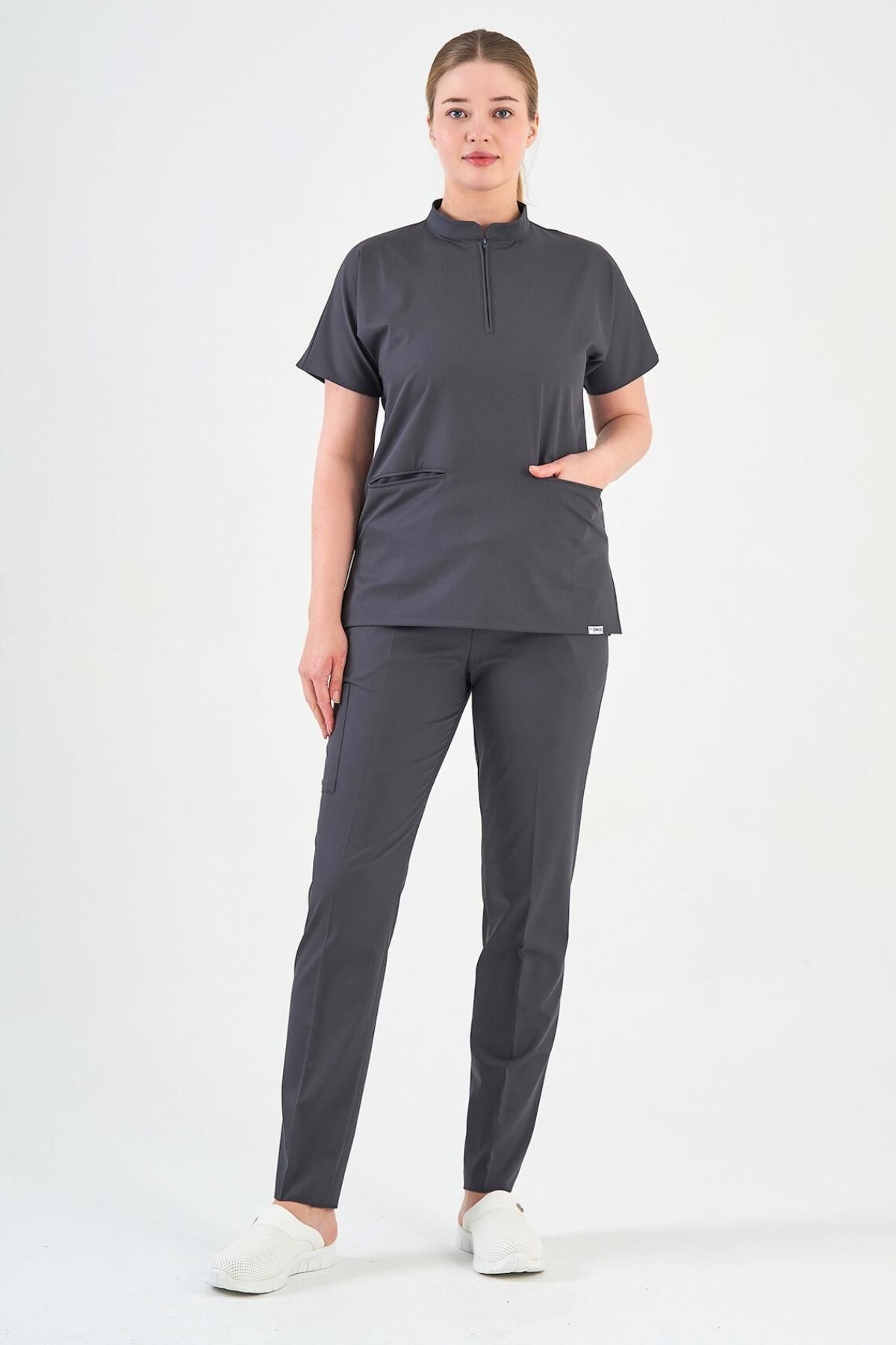 Likralı Fermuar Detaylı Füme Üniforma