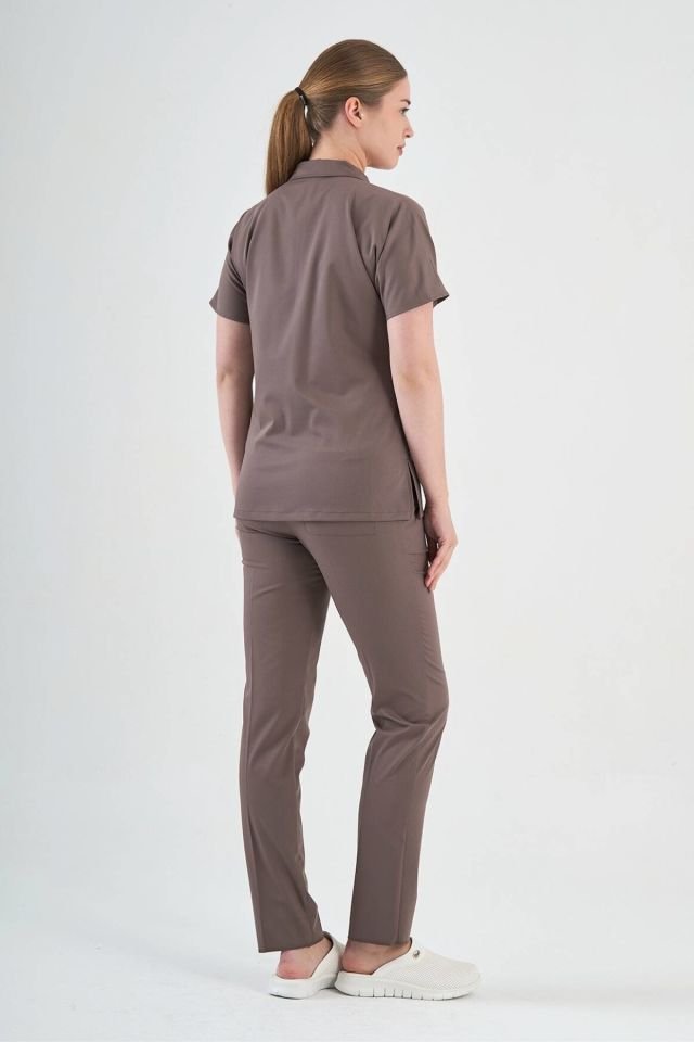 Likralı Koyu Vizon Polo Yaka Takım