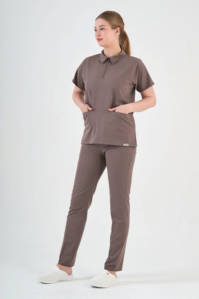 Likralı Koyu Vizon Polo Yaka Takım