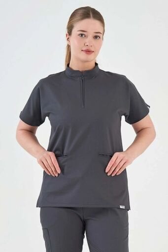 Likralı Hakim Yaka Fermuarlı Üst