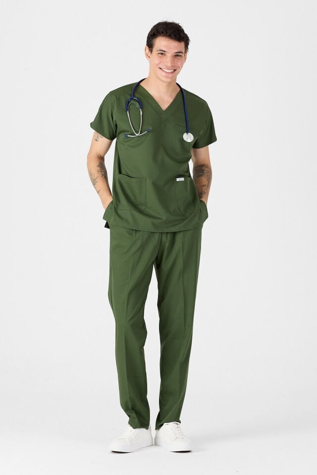 Likralı Haki Yeşili Scrubs Forma