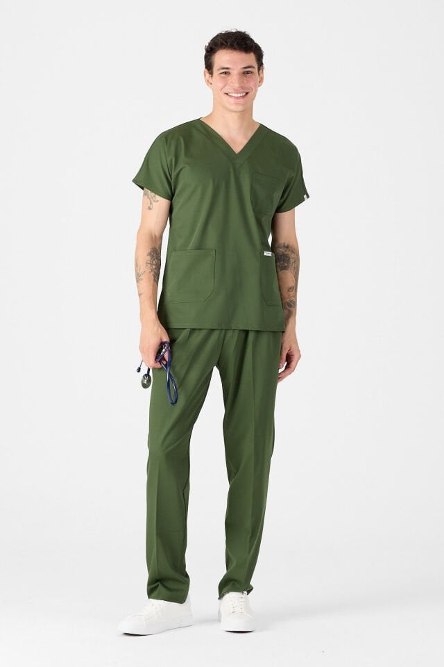 Likralı Haki Yeşili Scrubs Forma