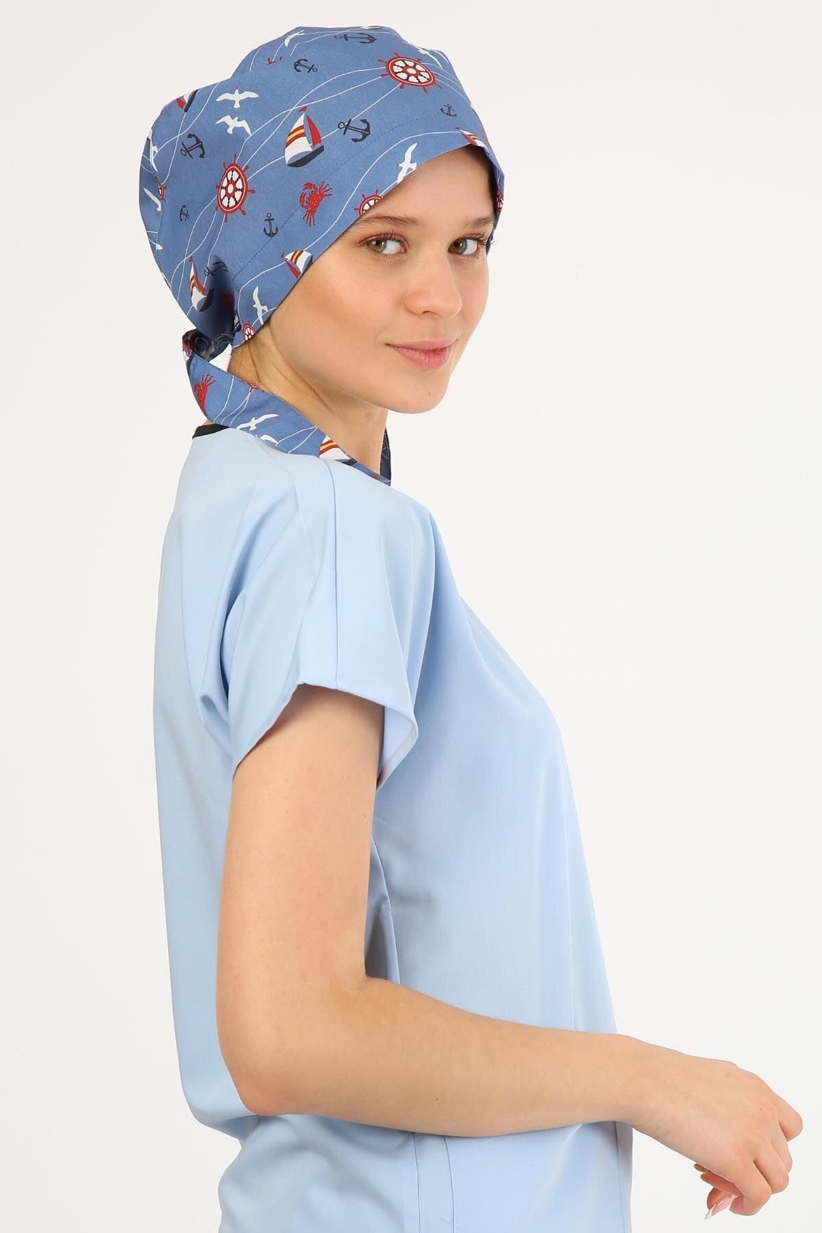 Gemi Desenli Mavi Cerrahi Tesettür Bone