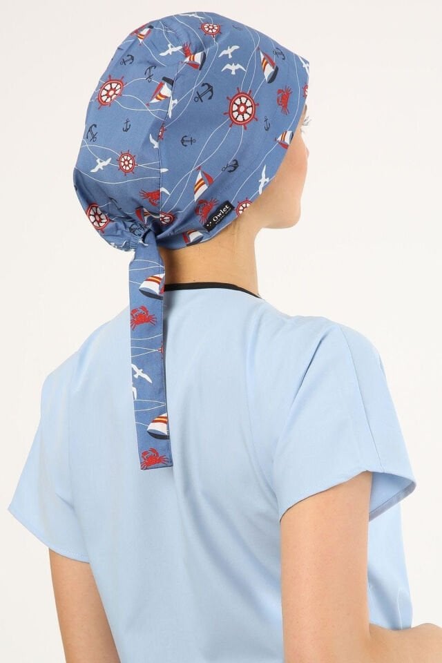 Gemi Desenli Mavi Cerrahi Tesettür Bone