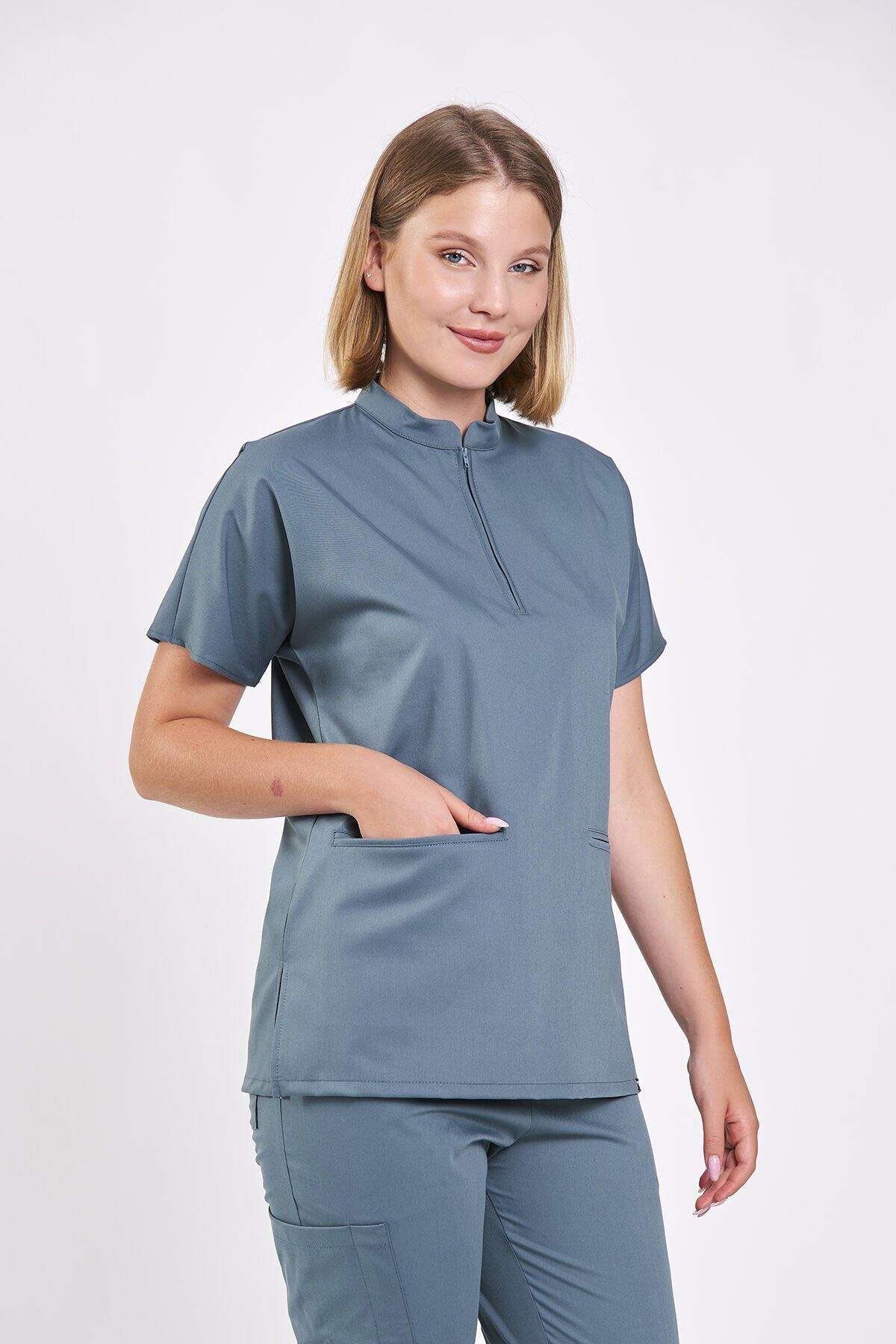 Likralı Fermuar Detaylı Antrasit Mavi Tek Üst