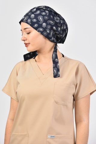 Koyu Lacivert Şal Desenli Tesettür Bone
