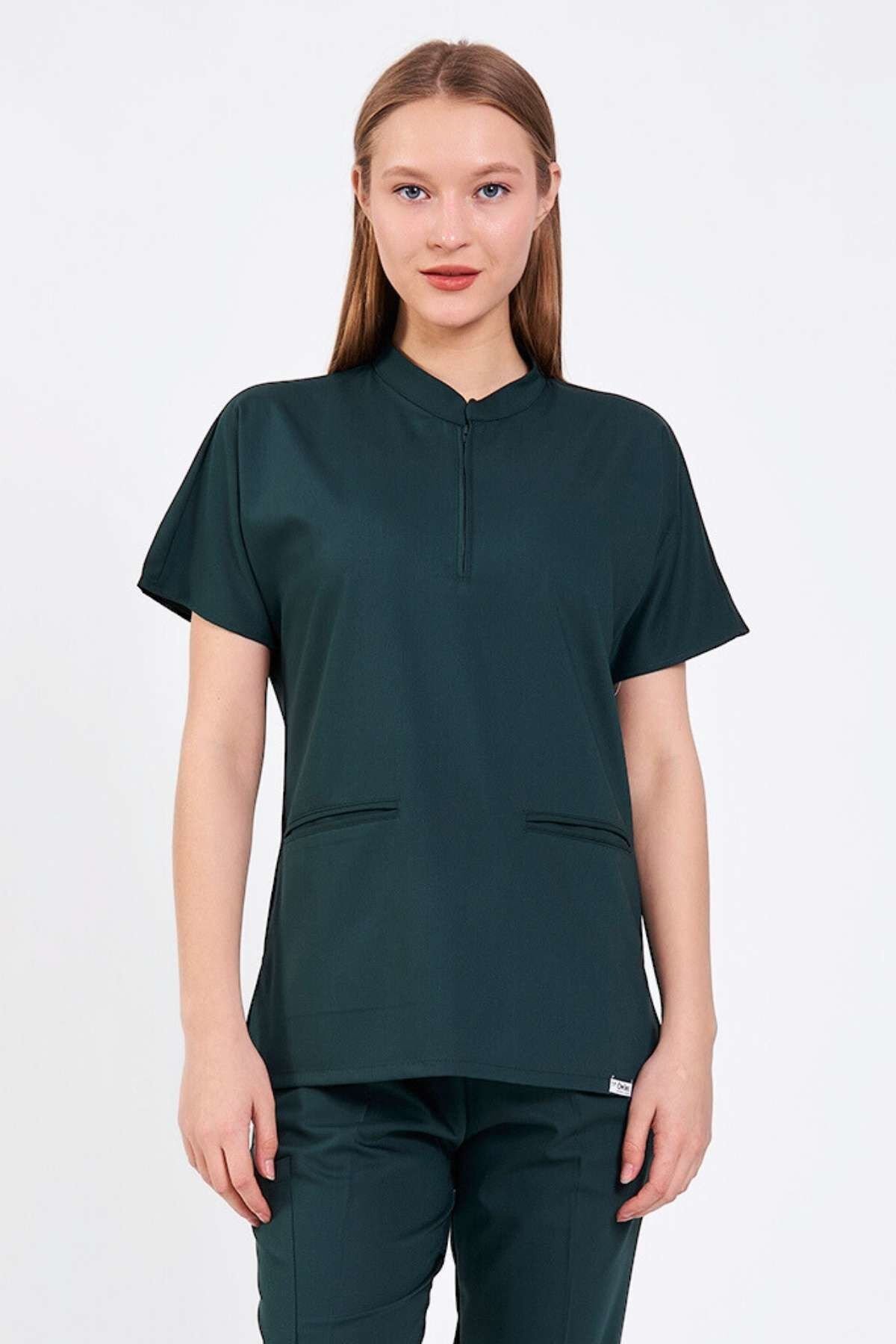 Likralı Zümrüt Yeşili Hakim Yaka Üst