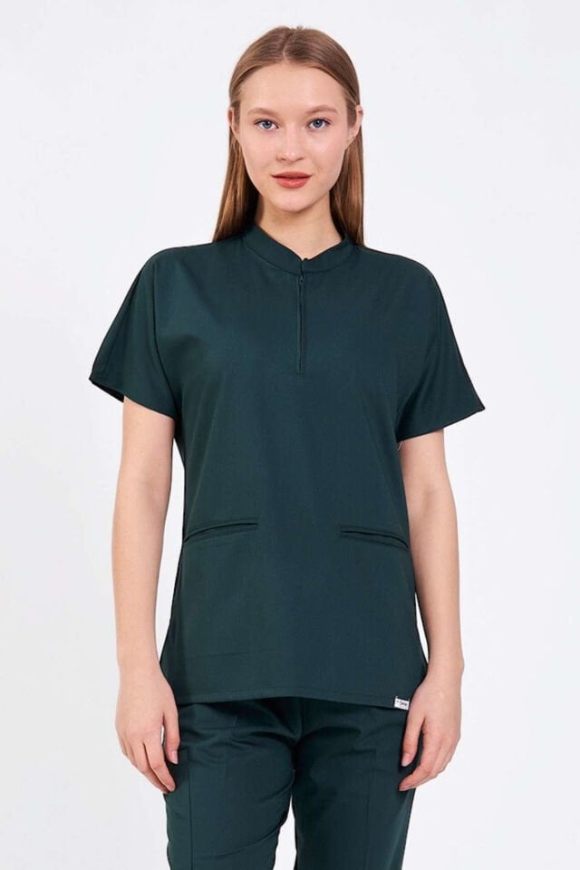 Likralı Zümrüt Yeşili Hakim Yaka Üst