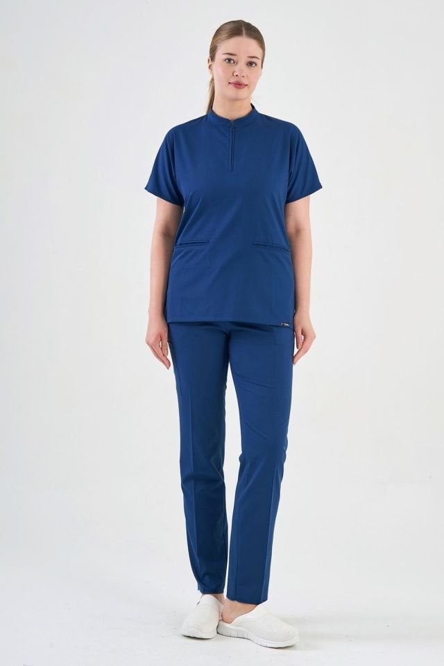 Likralı Petrol Mavisi Fermuar Detaylı Cerrahi Takım