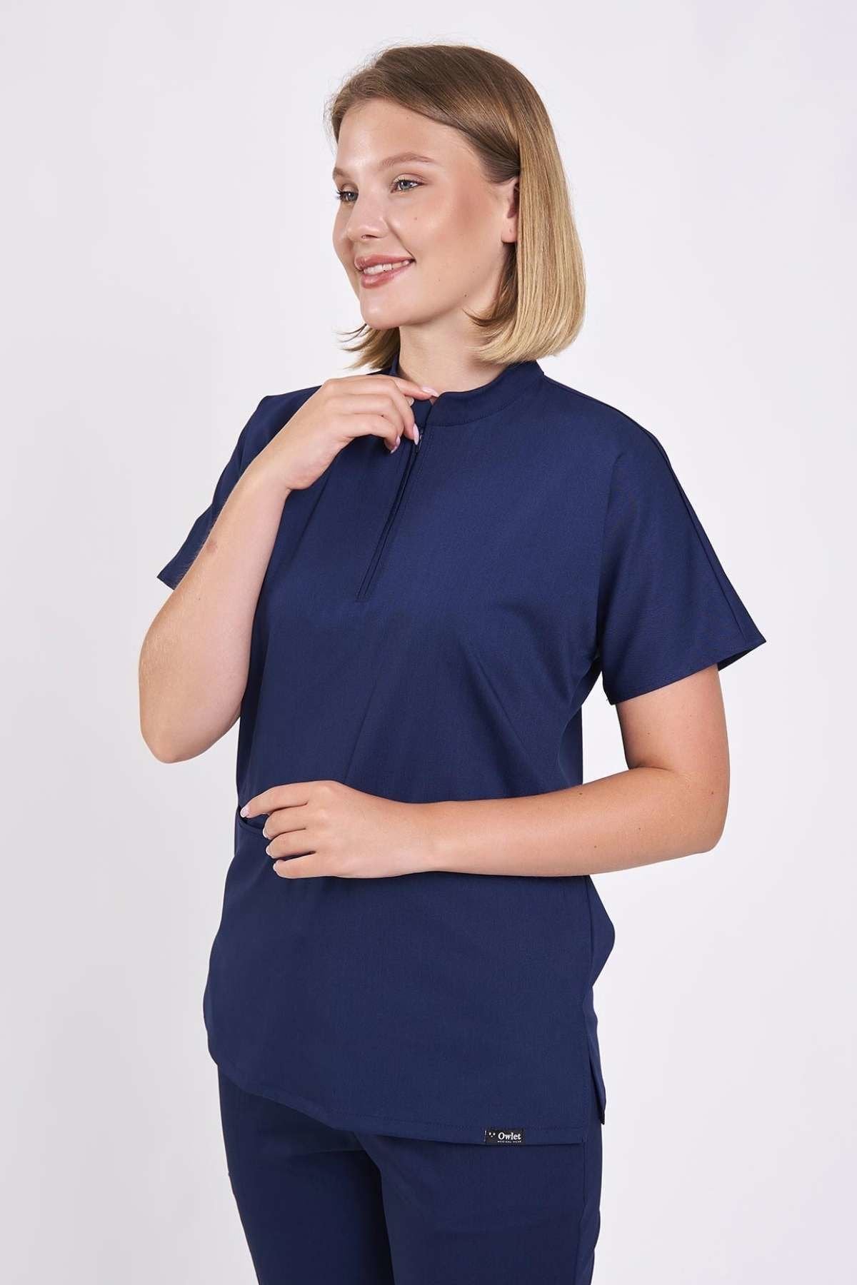 Likralı Lacivert Hakim Yaka Üst