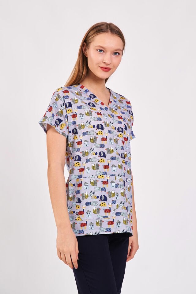 Çizgi Karakterler Gri Cerrahi Forma Üst