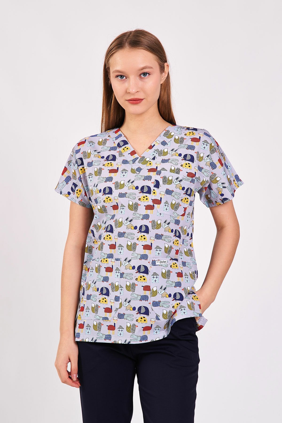 Çizgi Karakterler Gri Cerrahi Forma Üst