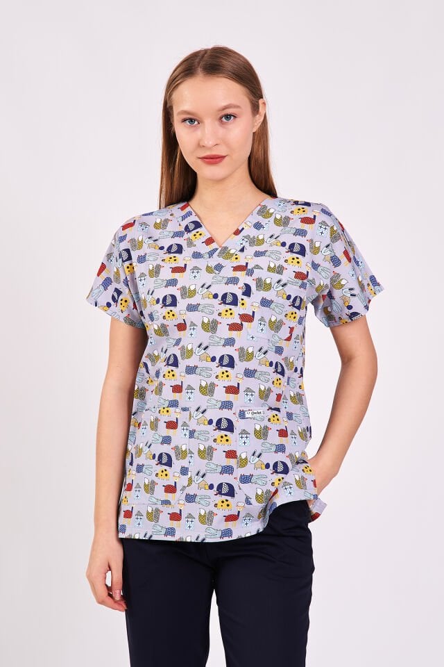 Çizgi Karakterler Gri Cerrahi Forma Üst