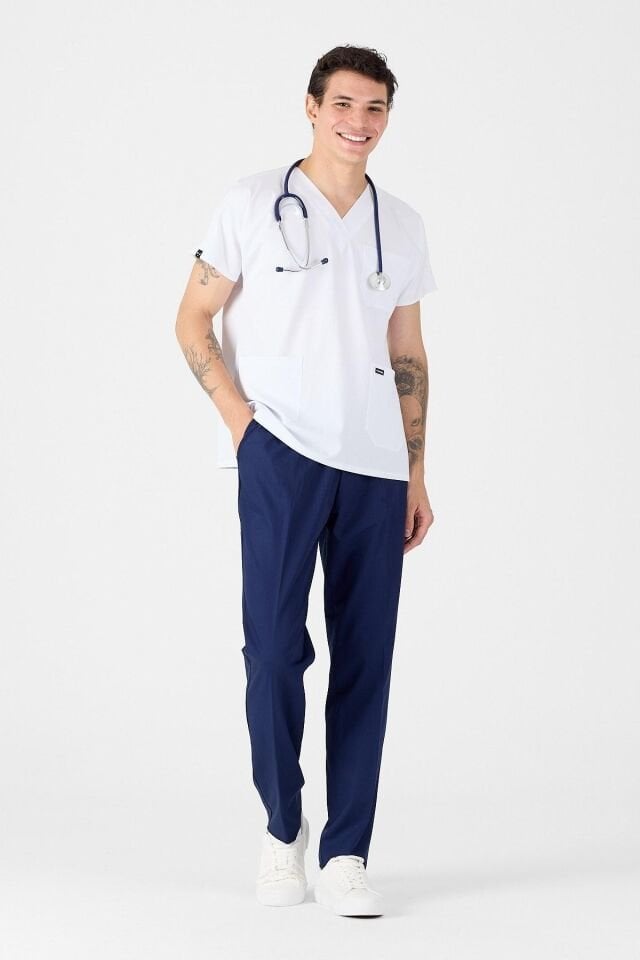 Likralı Beyaz Üst Alt Lacivert Kombin Scrubs