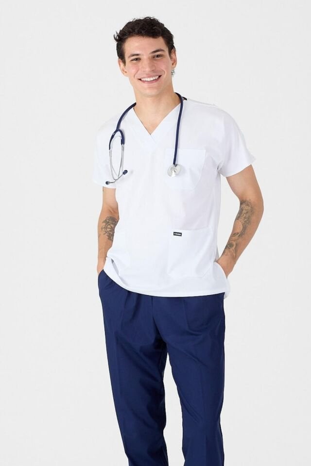 Likralı Beyaz Üst Alt Lacivert Kombin Scrubs