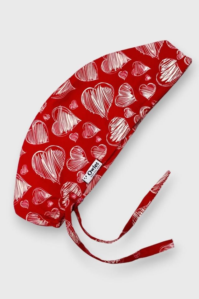 Red Surgical Cap with Heart Pattern
