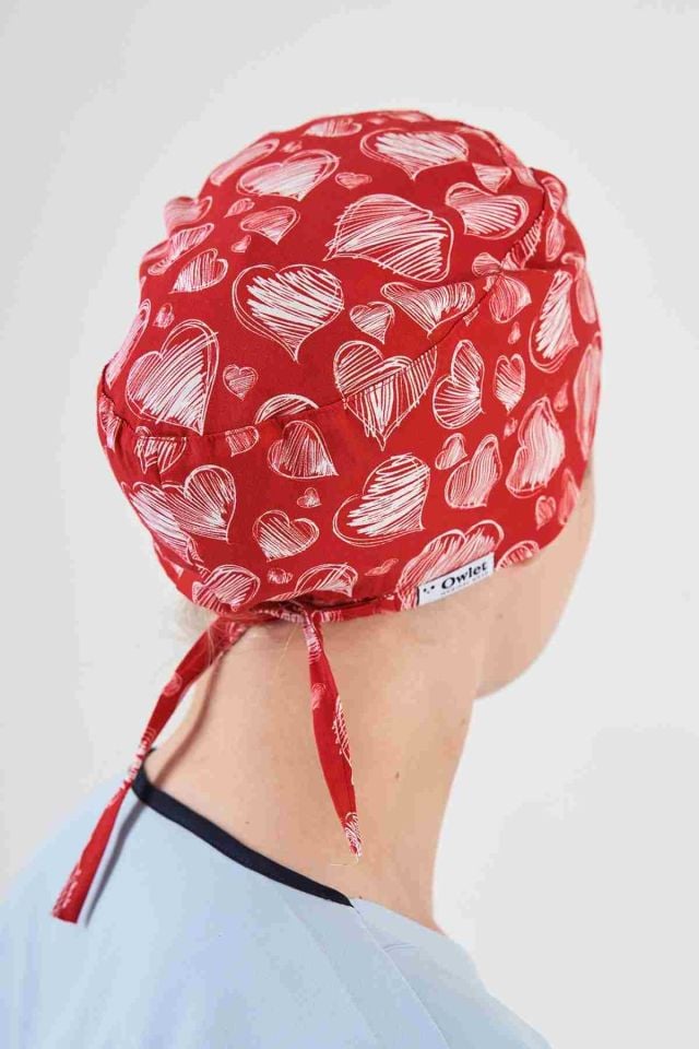Red Surgical Cap with Heart Pattern