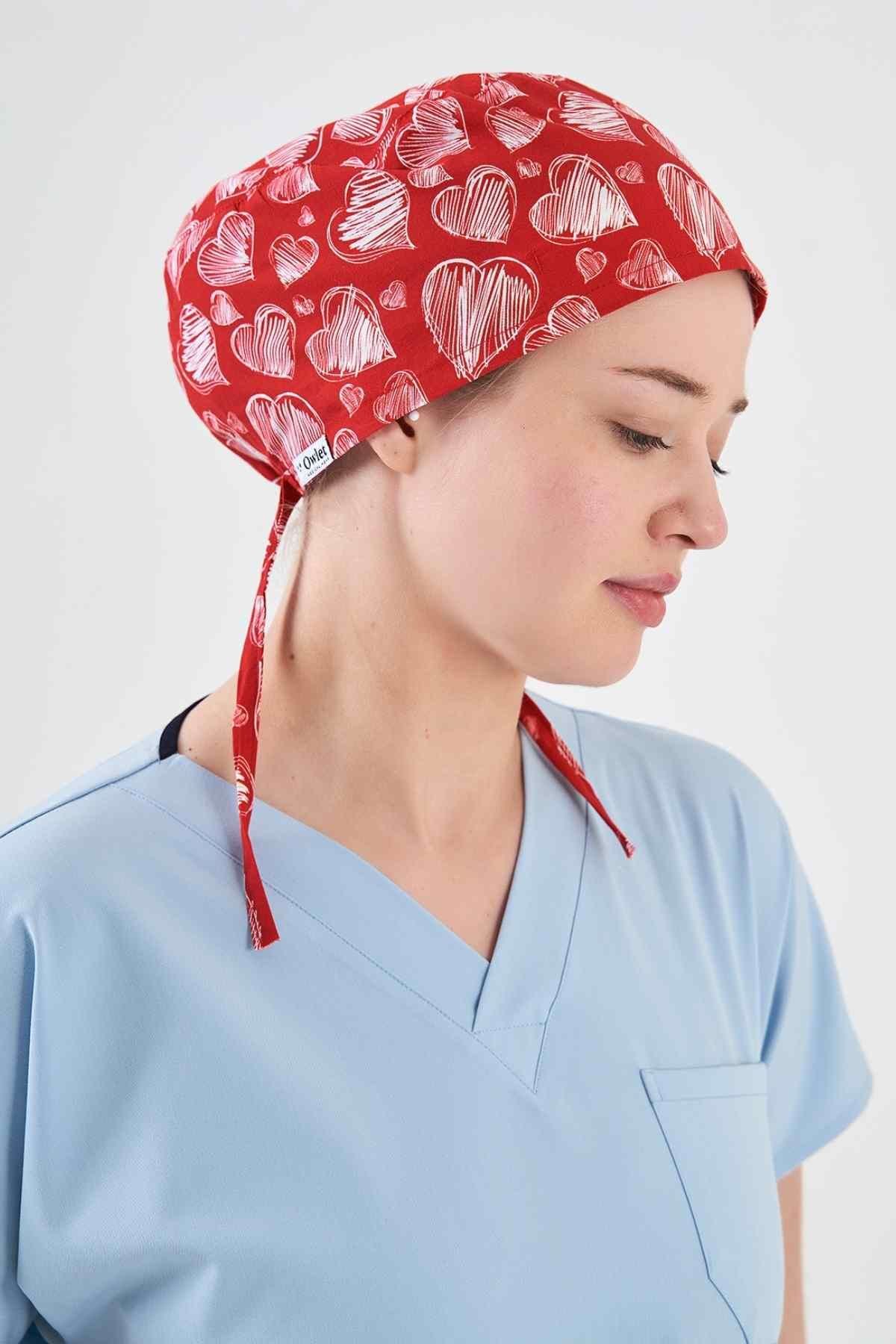 Red Surgical Cap with Heart Pattern