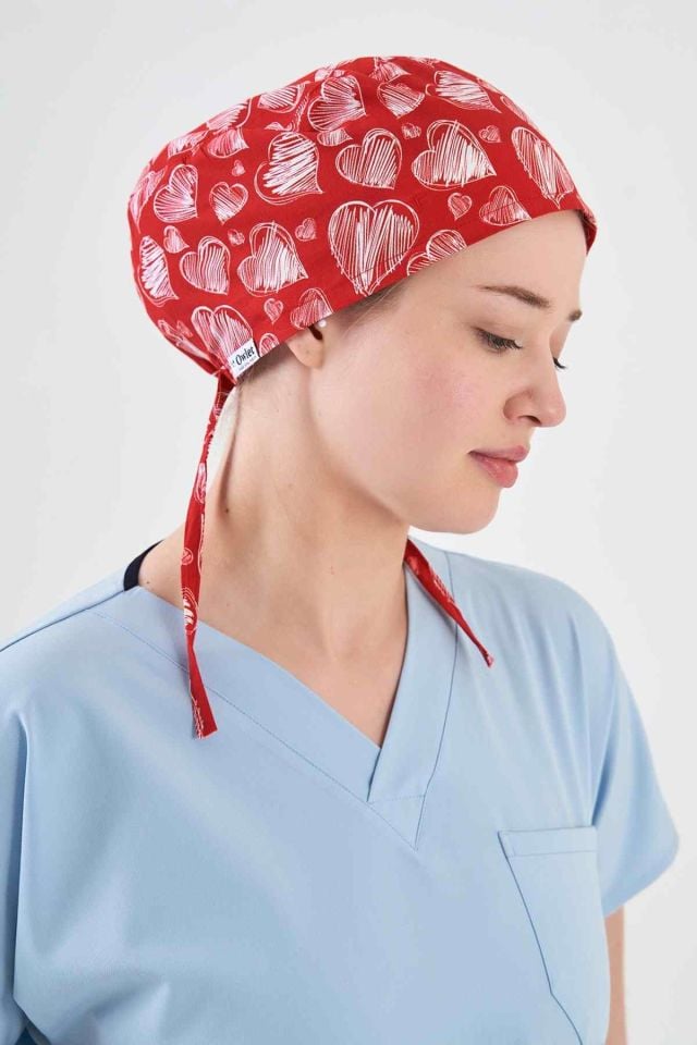 Red Surgical Cap with Heart Pattern