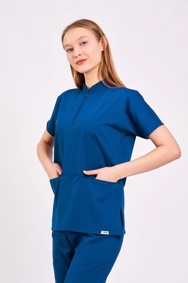 Likralı Petrol Mavisi Hakim Yaka Hemşire Kıyafeti Üst