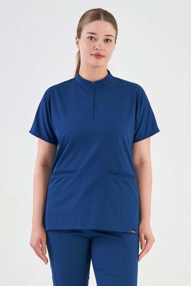 Likralı Petrol Mavisi Hakim Yaka Hemşire Kıyafeti Üst