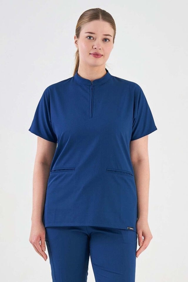 Likralı Petrol Mavisi Hakim Yaka Hemşire Kıyafeti Üst