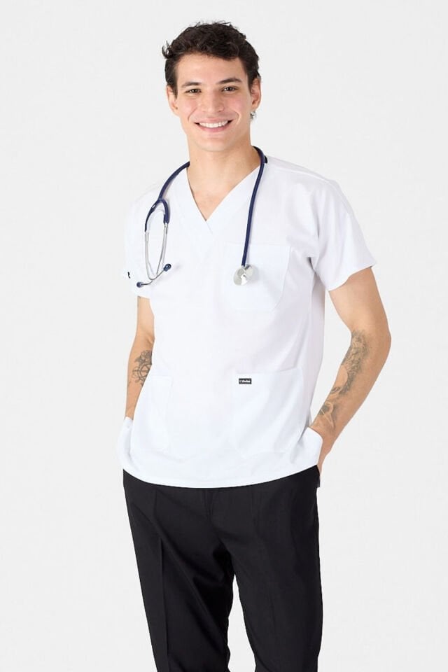White Lycra Top and Black Bottom Combination Scrubs