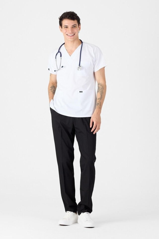 White Lycra Top and Black Bottom Combination Scrubs