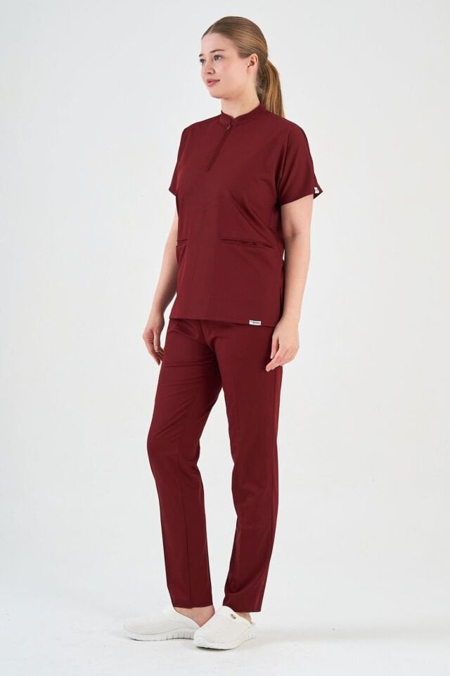 Likralı Bordo Fermuar Detaylı Cerrahi Forma