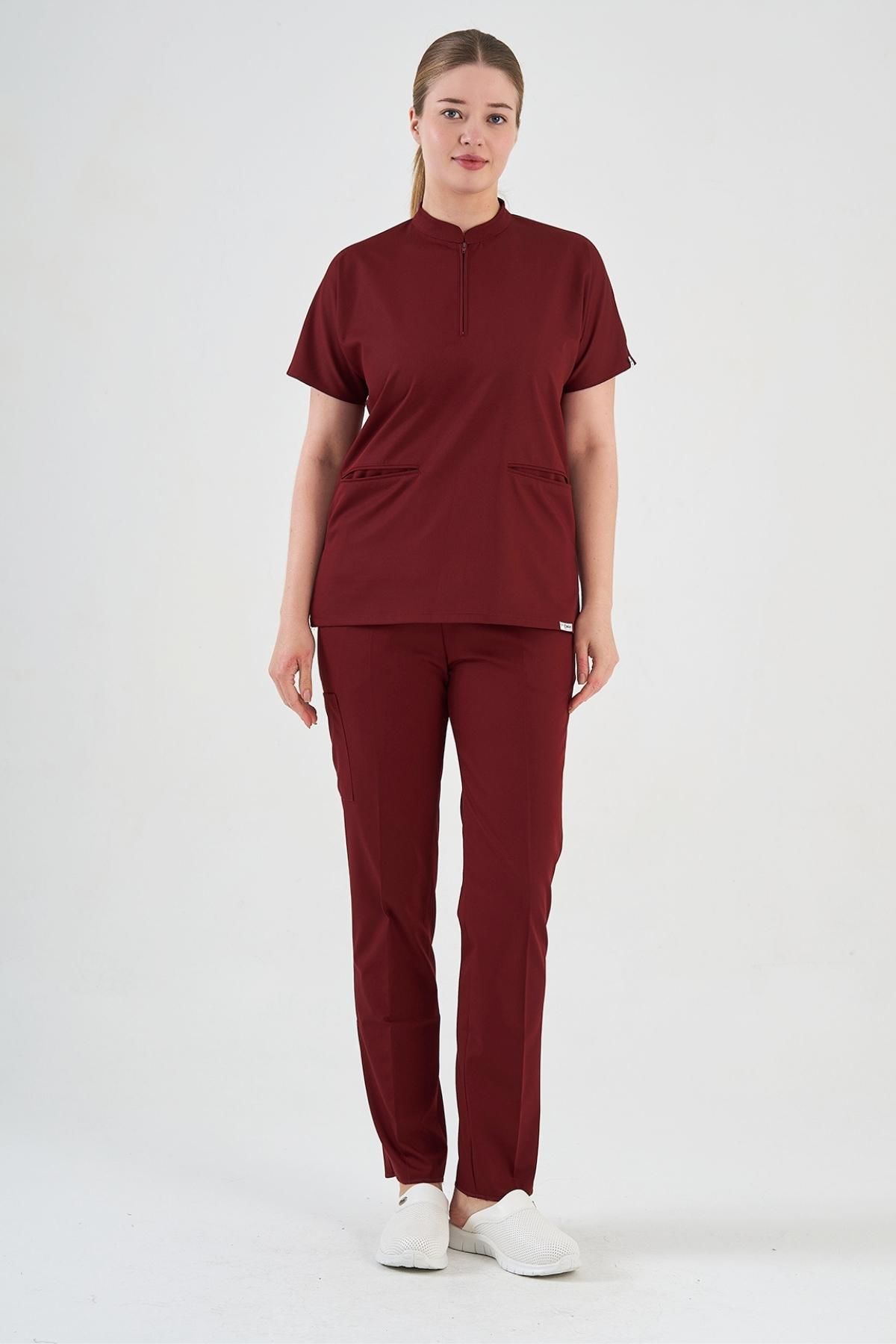 Likralı Bordo Fermuar Detaylı Cerrahi Forma