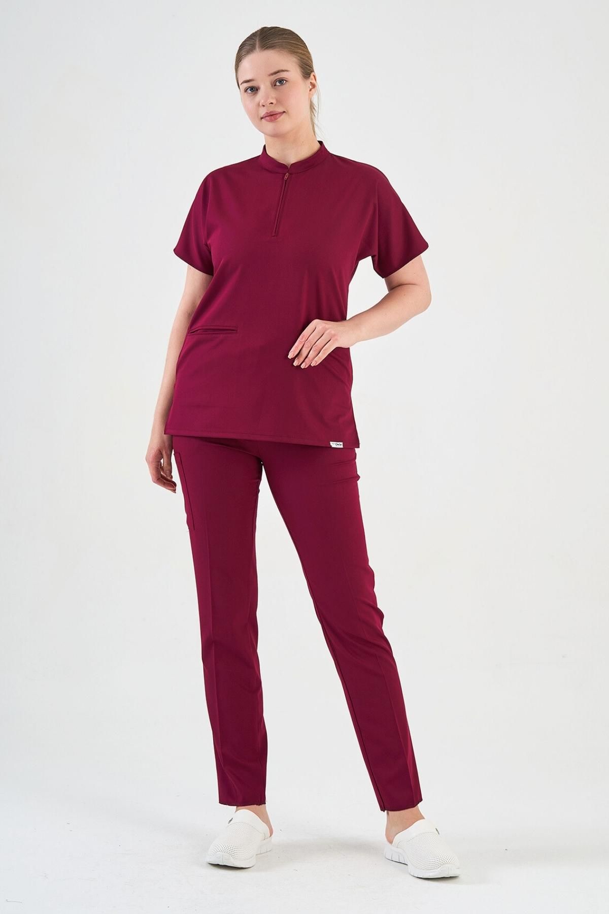 Likralı Vişne Fermuar Detaylı Cerrahi Forma Takım