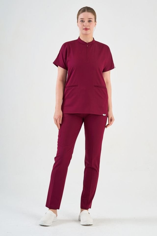 Likralı Vişne Fermuar Detaylı Cerrahi Forma Takım