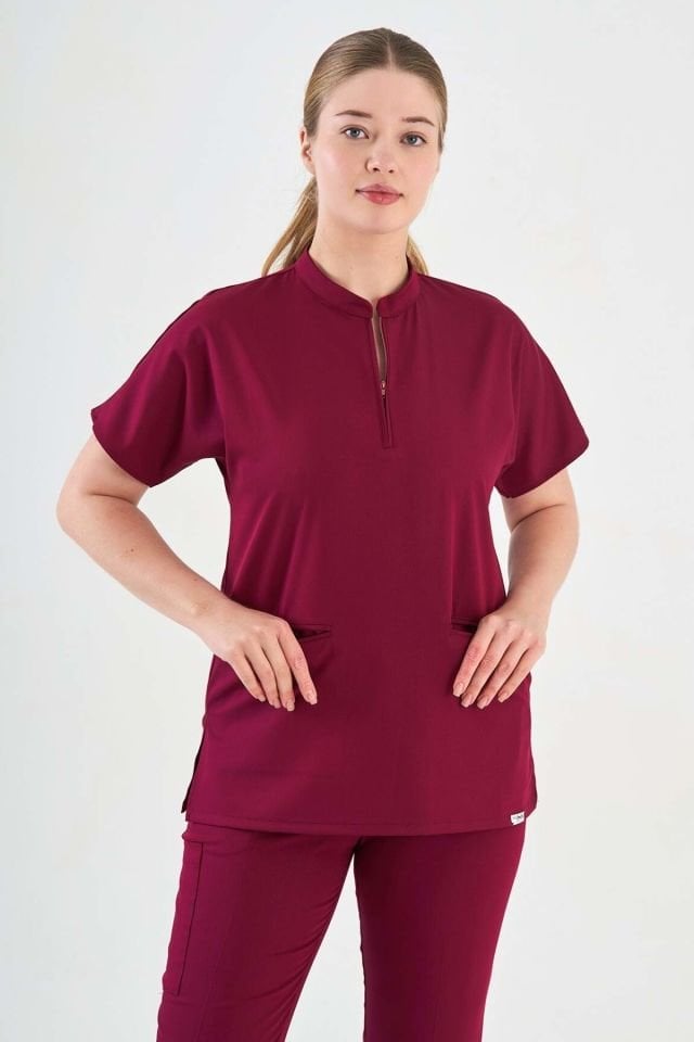 Likralı Vişne Fermuar Detaylı Cerrahi Forma Takım