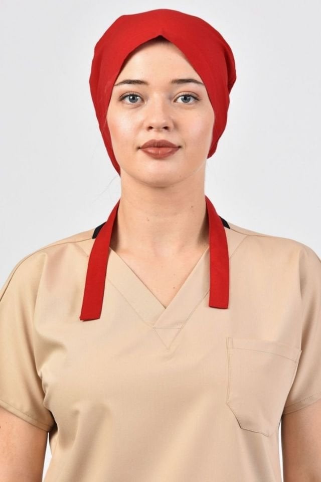 Kırmızı Likralı Cerrahi Tesettür Bone