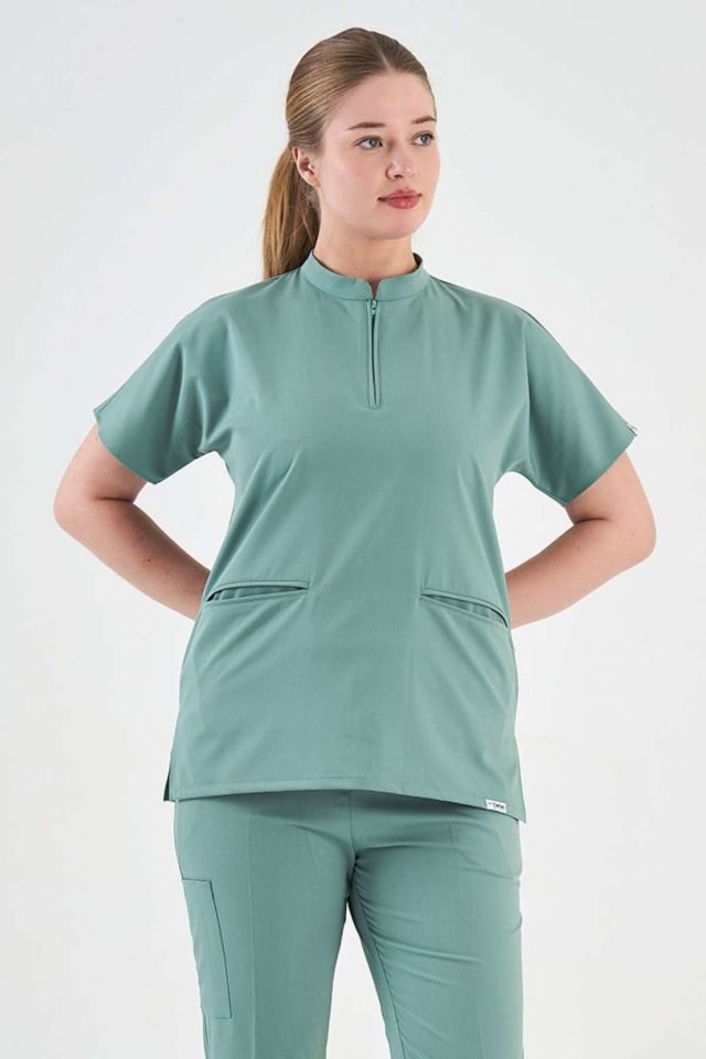 Likralı Mint Yeşili Fermuar Detaylı Scrubs