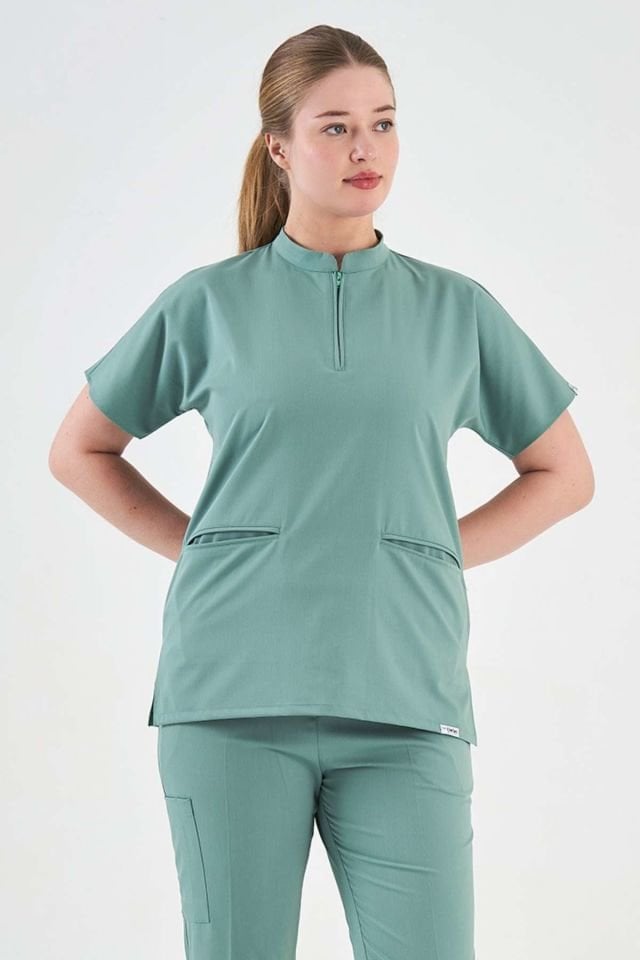 Likralı Mint Yeşili Fermuar Detaylı Scrubs