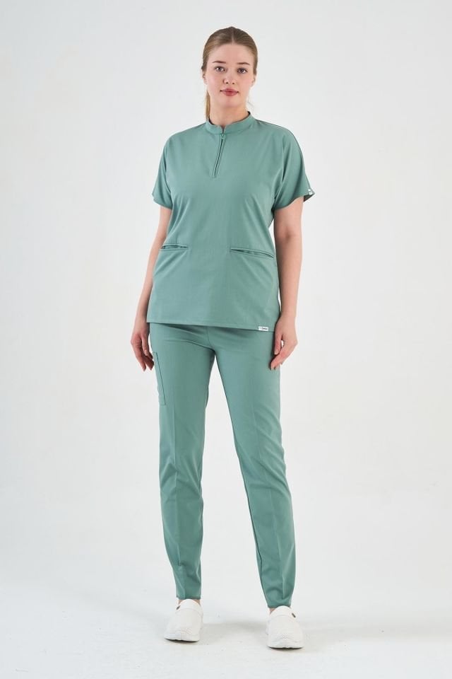 Likralı Mint Yeşili Fermuar Detaylı Scrubs