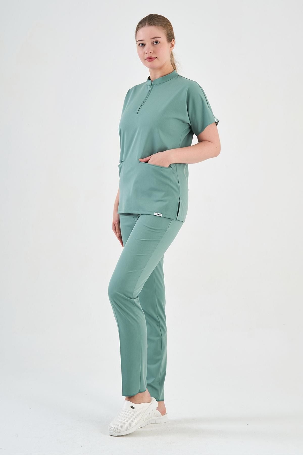 Likralı Mint Yeşili Fermuar Detaylı Scrubs