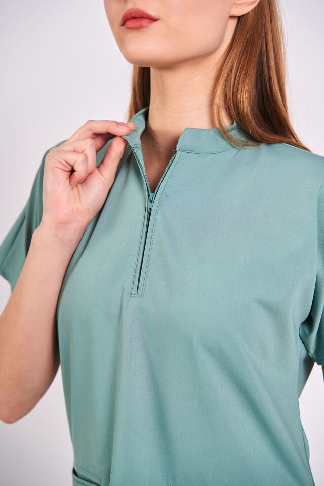 Likralı Mint Yeşili Fermuar Detaylı Scrubs