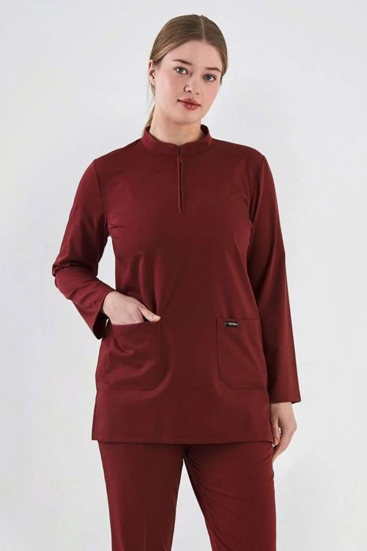 Likralı Bordo Tunik Tek Üst - Owlet Medikal