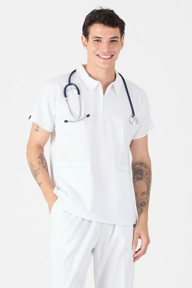 Likralı Beyaz Polo Yaka Forma Üst