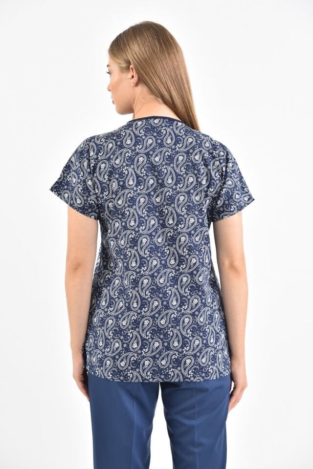 Şal Desenli Lacivert Cerrahi Üst