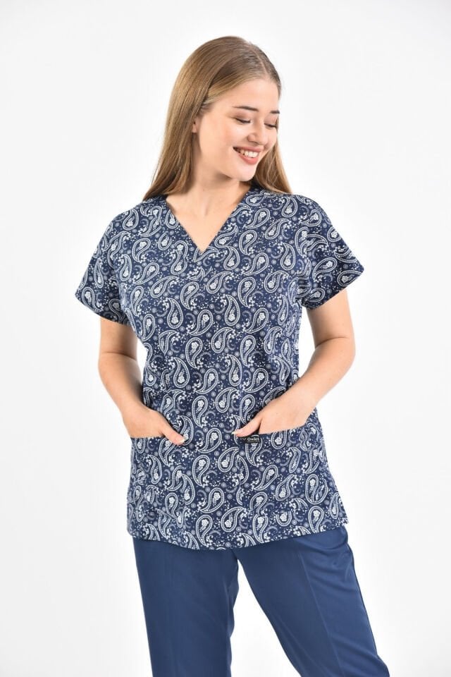 Şal Desenli Lacivert Cerrahi Üst