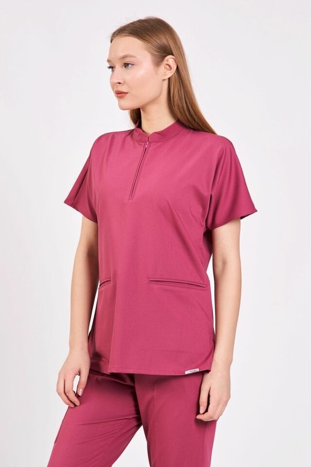 Likralı Koyu Pembe Fermuar Detaylı Scrubs Takım