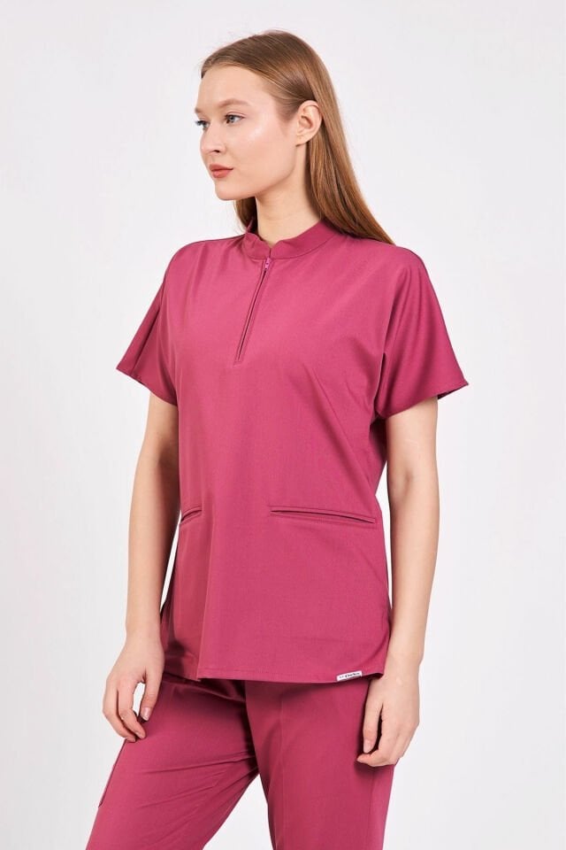 Likralı Koyu Pembe Fermuar Detaylı Scrubs Takım