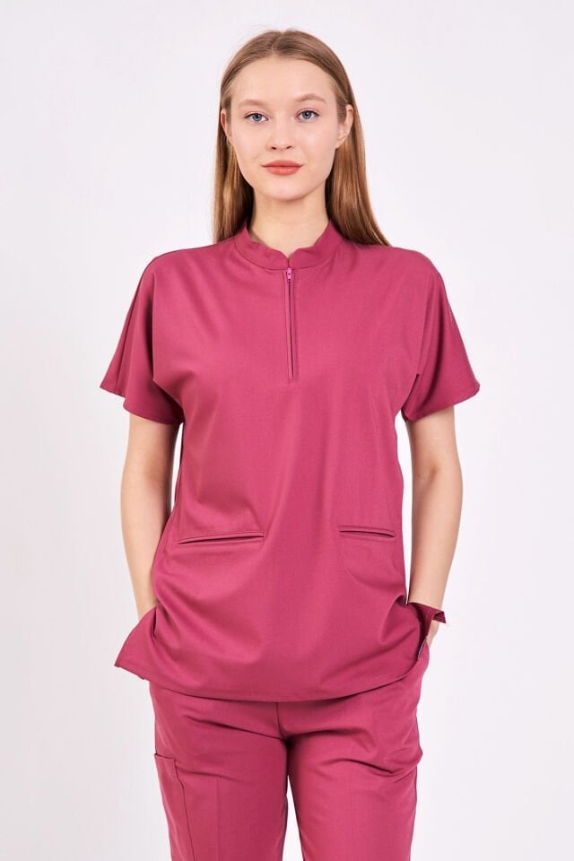 Likralı Koyu Pembe Fermuar Detaylı Scrubs Takım