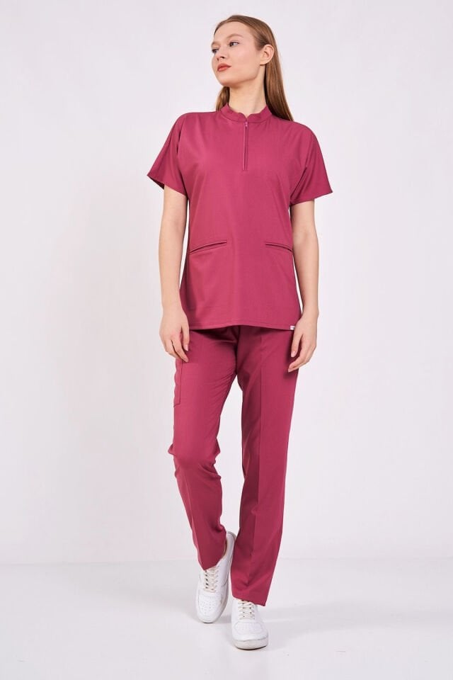 Likralı Koyu Pembe Fermuar Detaylı Scrubs Takım
