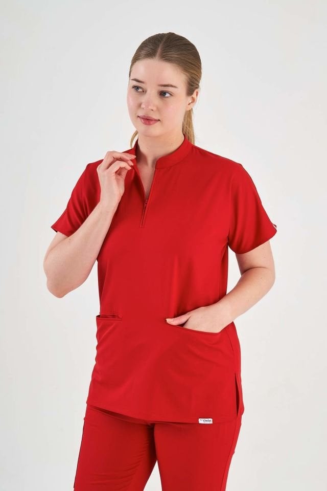 Likralı Kırmızı Fermuar Detaylı Scrubs Takım